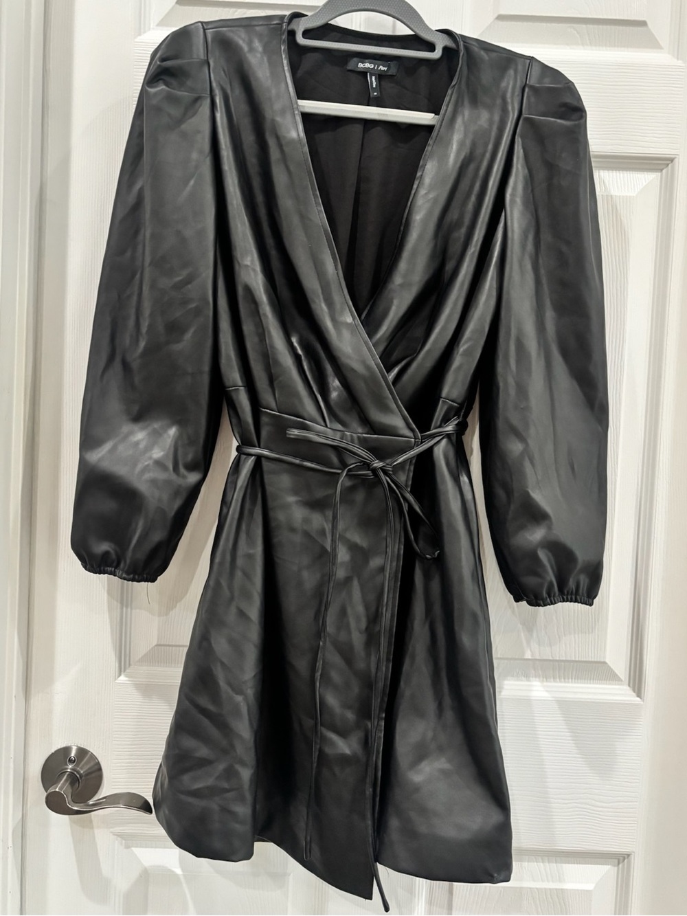 BCBG Black Faux Leather Wrap Dress